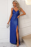 Sparkly Royal Blue Spaghetti Straps Prom Dress with Slit