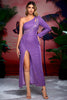 Load image into Gallery viewer, Sequins One Shoulder Purple Prom Dress with Fringes
