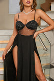 Black Spaghetti Straps Prom Dress with Slit