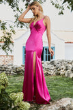 Mermaid Fuchsia Beaded Prom Dress with Slit