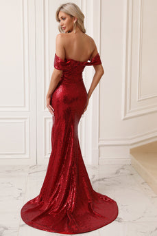 Sparkly Mermaid Off The Shoulder Red Prom Dress with Slit