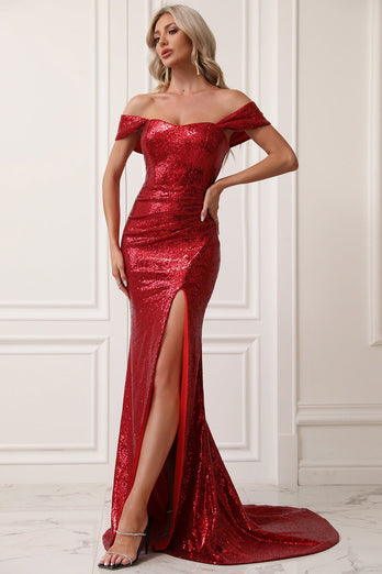 Sparkly Mermaid Off The Shoulder Red Prom Dress with Slit