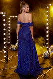 Off the Shoulder Royal Blue Glitter Prom Dress with Slit