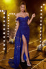 Load image into Gallery viewer, Off the Shoulder Royal Blue Glitter Prom Dress with Slit