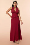 Burgundy Halter Ruffles Prom Dress with Slit