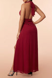 Burgundy Halter Ruffles Prom Dress with Slit