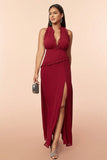 Burgundy Halter Ruffles Prom Dress with Slit