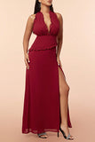 Burgundy Halter Ruffles Prom Dress with Slit