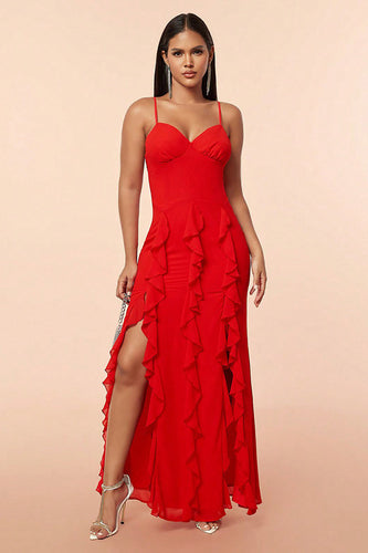 Red Spaghetti Straps Prom Dress with Ruffles