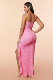 Pink Lace Ruffles Party Dress with Slit