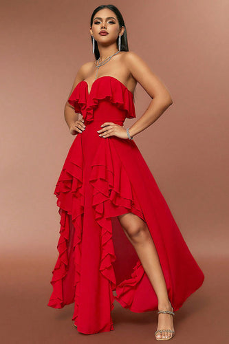 Red Strapless A Line Prom Dress with Ruffles