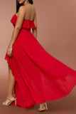 Red Strapless A Line Prom Dress with Ruffles