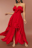 Red Strapless A Line Prom Dress with Ruffles