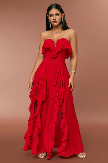 Red Strapless A Line Prom Dress with Ruffles
