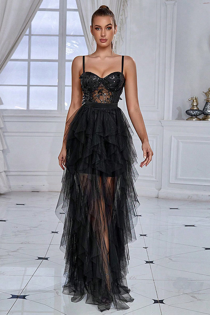 Load image into Gallery viewer, Black Spaghetti Straps A Line Prom Dress with Slit