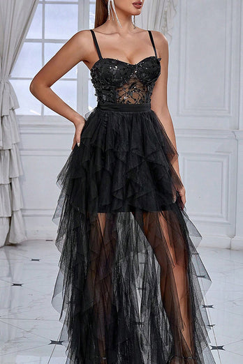 Black Spaghetti Straps A Line Prom Dress with Slit