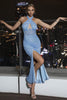 Load image into Gallery viewer, Light Blue Glitter Halter Cocktail Dress with Slit