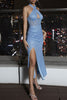 Load image into Gallery viewer, Light Blue Glitter Halter Cocktail Dress with Slit
