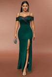 Dark Green Off the Shoulder Sparkly Prom Dress with Slit