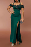 Dark Green Off the Shoulder Sparkly Prom Dress with Slit