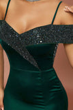 Dark Green Off the Shoulder Sparkly Prom Dress with Slit