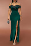 Dark Green Off the Shoulder Sparkly Prom Dress with Slit