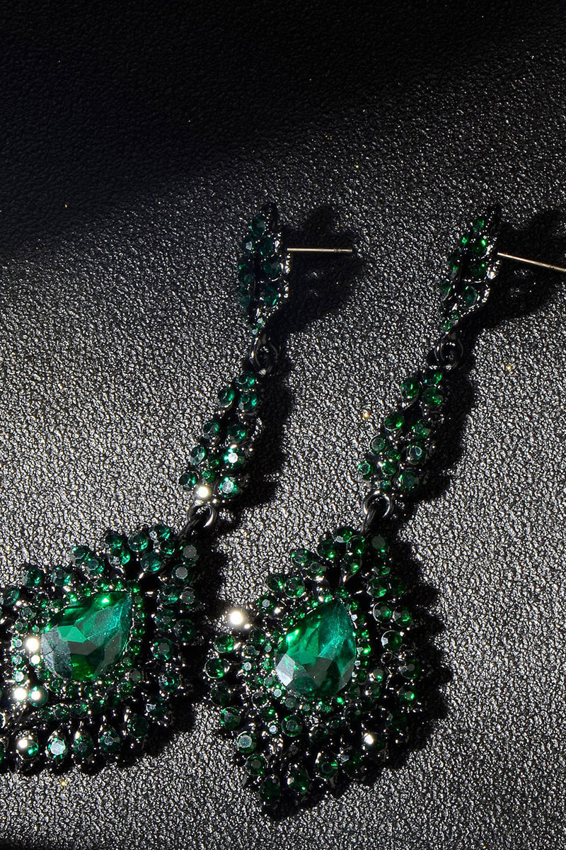 Load image into Gallery viewer, Dark Green Rhinestone Dangle Earrings