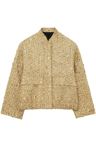Stylish Golden Sequin Jacket With Pockets