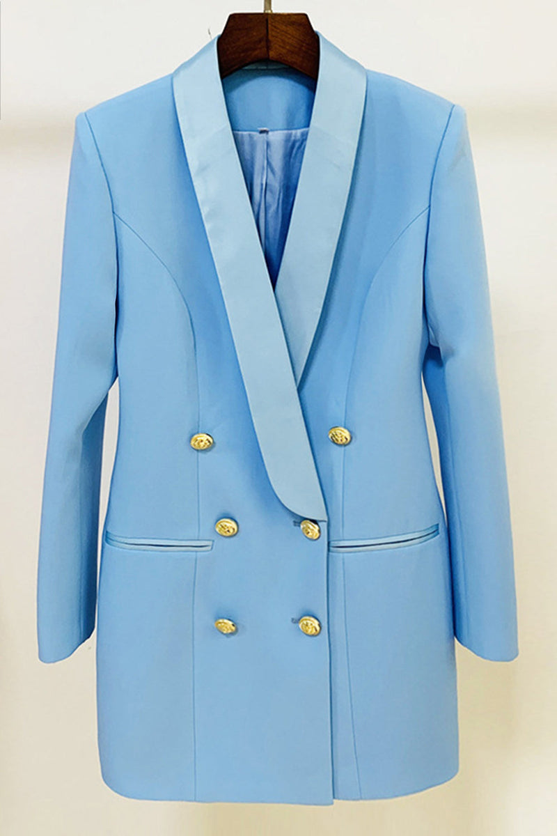 Load image into Gallery viewer, Blue Buttoned Satin Lapel Blazer Dress