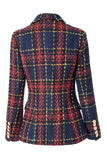 Blue Red Slim Retro Lapel Plaid Women Blazer