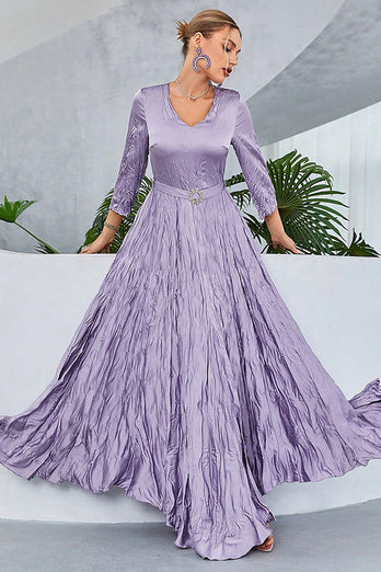 Lilac Pleated A Line Long Sleeves Prom Dress