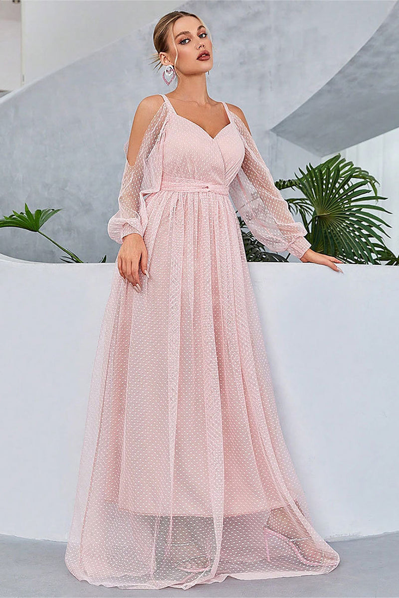 Load image into Gallery viewer, Blush Cold Shoulder Tulle Prom Dress with Polka Dots