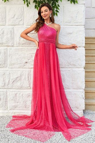 Hot Pink One Shoulder Sparkly Prom Dress