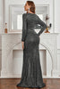 Load image into Gallery viewer, Long Sleeves Black Sparkly Prom Dress with Slit