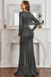 Long Sleeves Black Sparkly Prom Dress with Slit