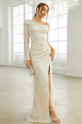 One Shoulder Long Sleeves Sparkly Prom Dress with Slit