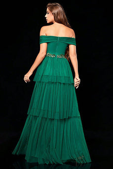 Off the Shoulder Dark Green Tiered Prom Dress with Ruffles