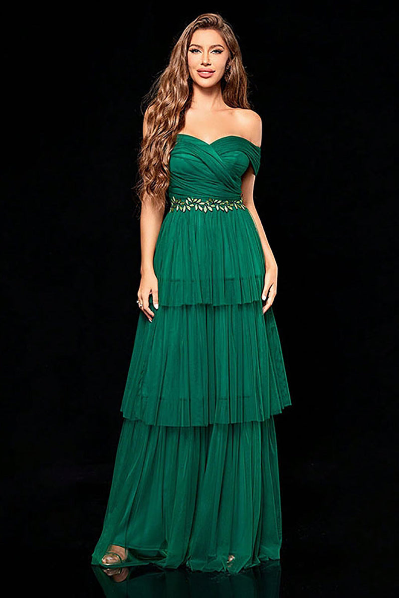 Load image into Gallery viewer, Off the Shoulder Dark Green Tiered Prom Dress with Ruffles
