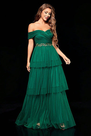 Off the Shoulder Dark Green Tiered Prom Dress with Ruffles
