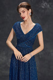 Sparkly A-Line V-Neck Grey Blue Long Formal Dress