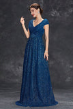 Sparkly A-Line V-Neck Grey Blue Long Formal Dress