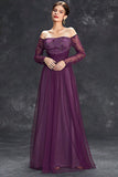 Dark Purple Tulle Off The Shoulder Formal Dress with Sleeves