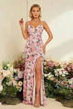 Sheath Flower Printed Blush Wedding Party Dress with Slit