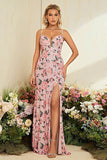 Sheath Flower Printed Blush Wedding Party Dress with Slit