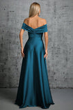 Peacock Blue Satin Off The Shoulder Formal Dress