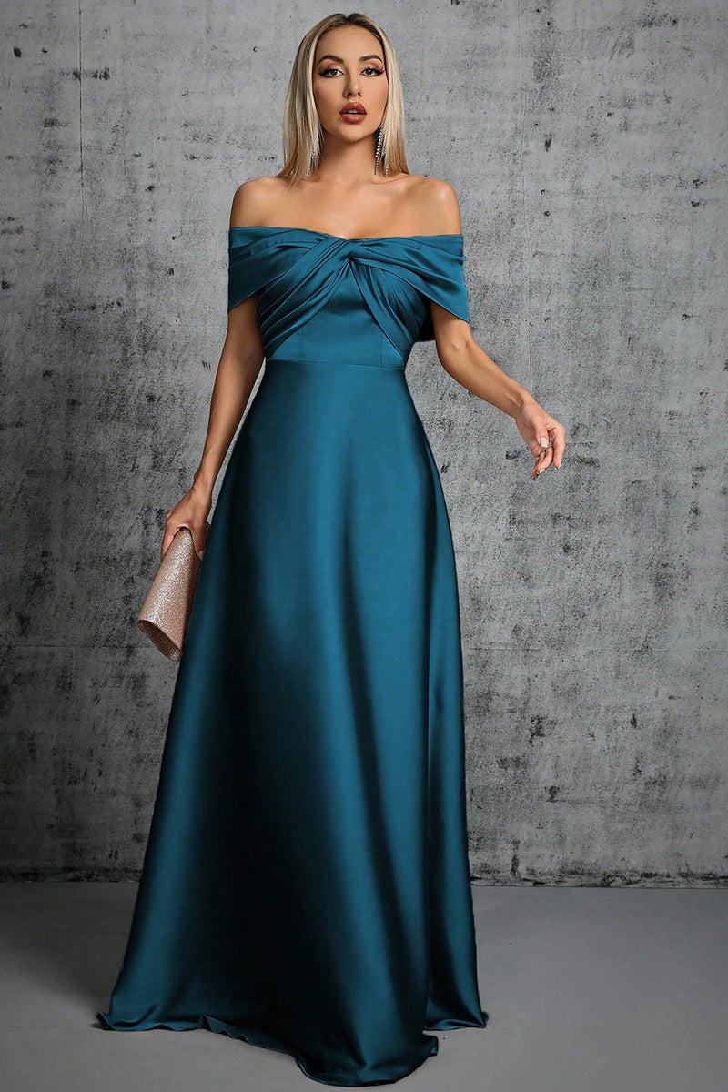 Load image into Gallery viewer, Peacock Blue Satin Off The Shoulder Formal Dress
