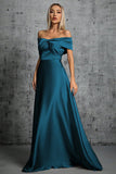 Peacock Blue Satin Off The Shoulder Formal Dress