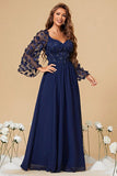 Navy A Line Long Sleeves Corset Formal Dress With Long Sleeves