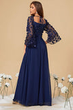 Navy A Line Long Sleeves Corset Formal Dress With Long Sleeves