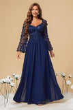 Navy A Line Long Sleeves Corset Formal Dress With Long Sleeves